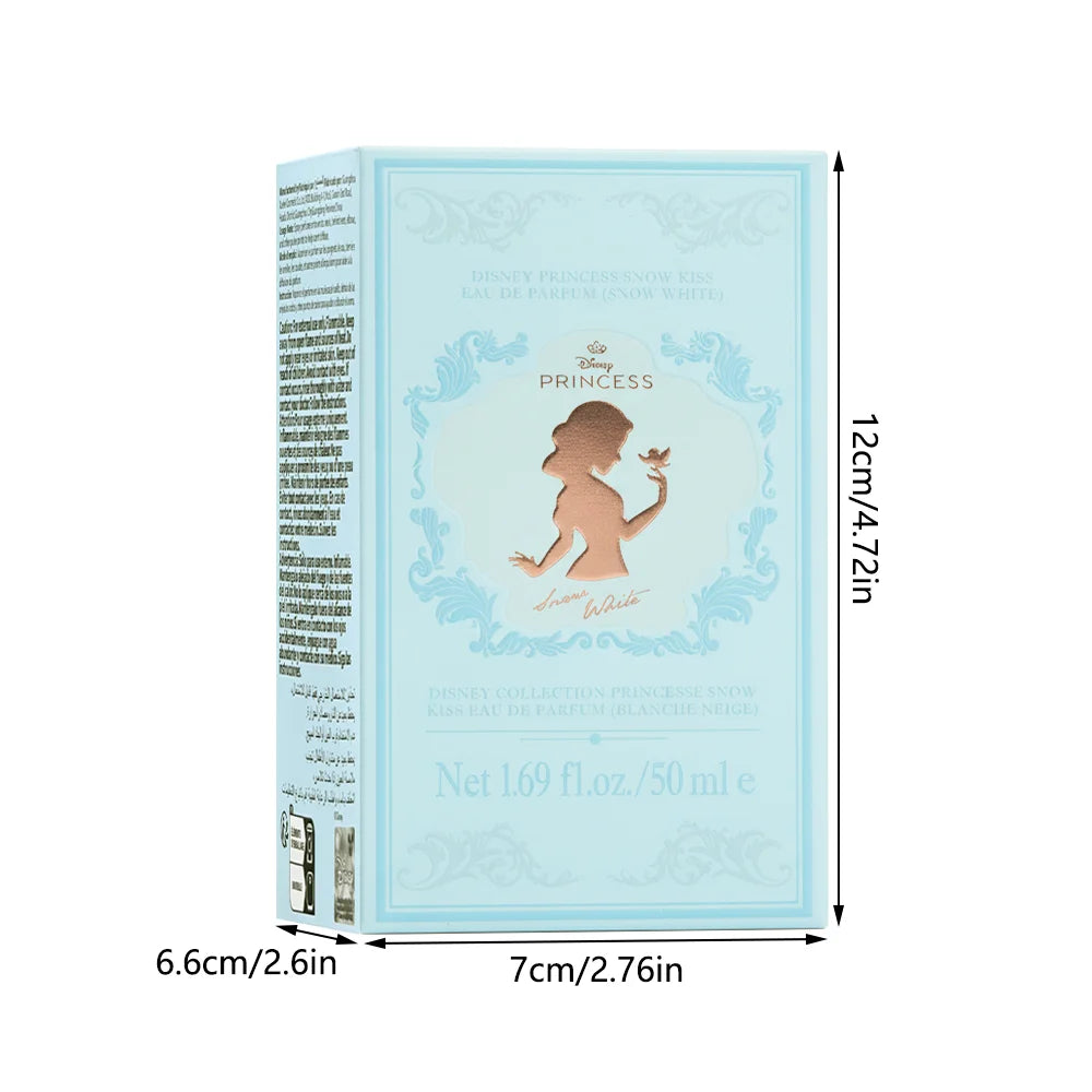 MINISO x Disney Snow White floral Eau de Parfum for women, 50ml rectangular box in light blue with gold silhouette.