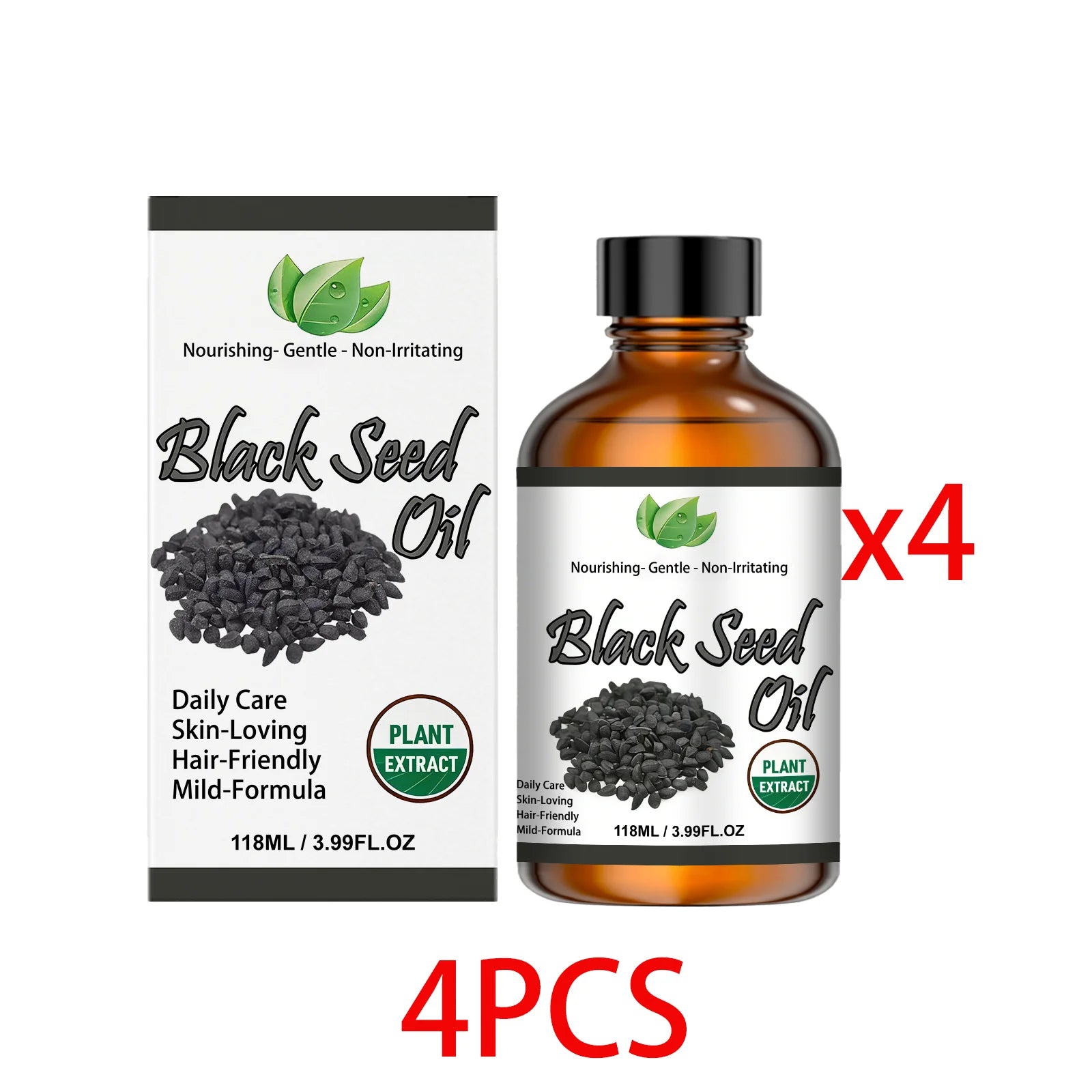 Set of 4 black seed oil essence bottle and box, plant extract design, 118 ml