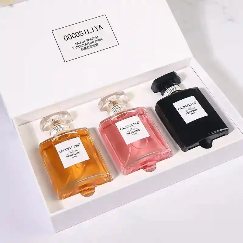 Cocosiliya 3pc EDP Perfume Set for women. Square glass bottles, floral, spicy, woody oriental long-lasting fragrance.