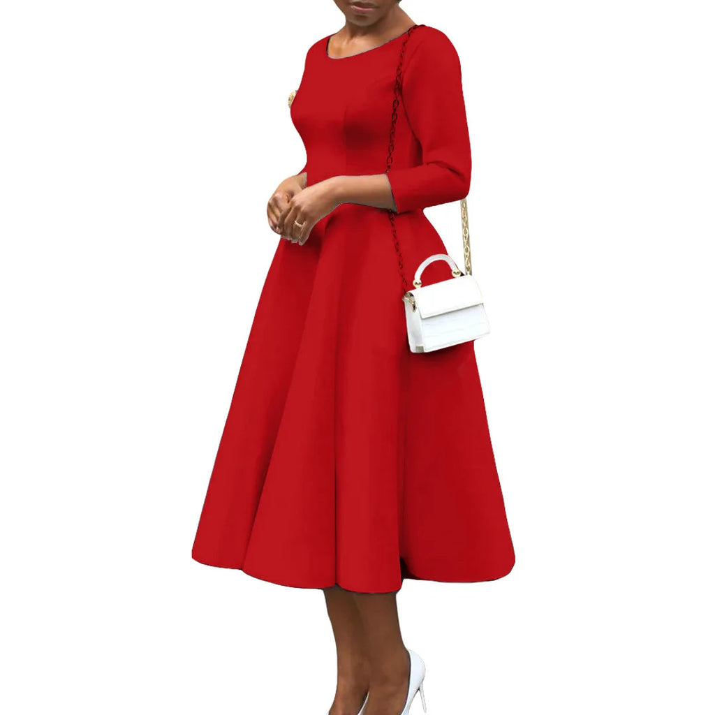Elegant Pure Color Maxi Dress Evening Gown A- Line Skirt Polyester Fabric round Neck Short Sleeve High Waist Midi Dress