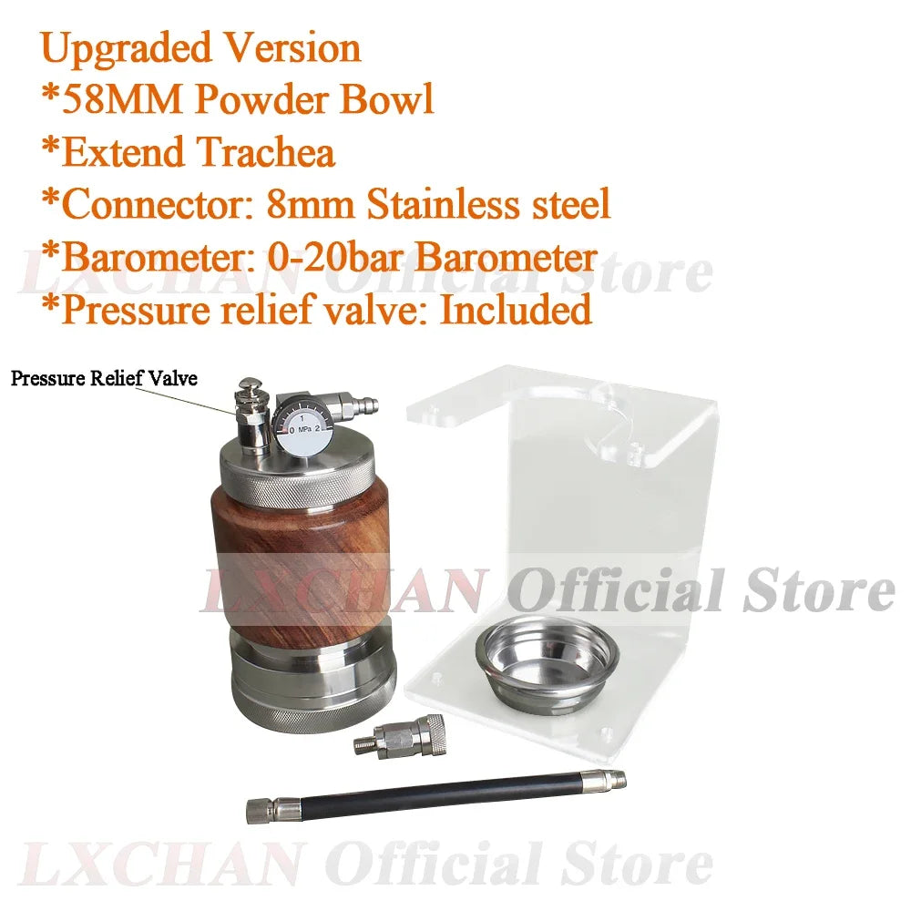 LXCHAN espresso maker with 58mm powder bowl, wooden body, stainless steel fittings, pressure gauge, and relief valve.