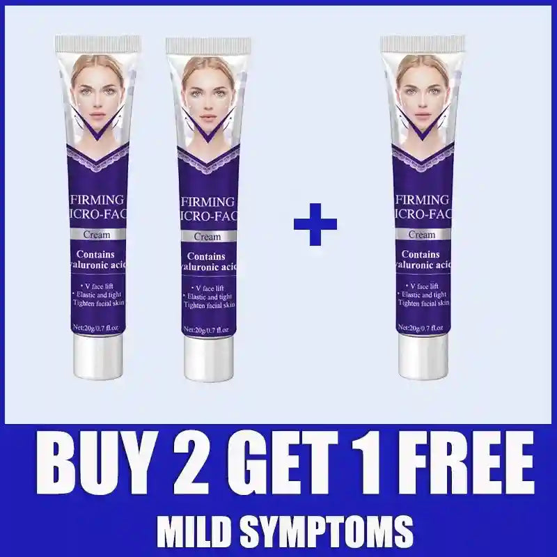 Three tubes of V-Line face lifting cream with a portrait of a woman, plus text reading "BUY 2 GET 1 FREE."