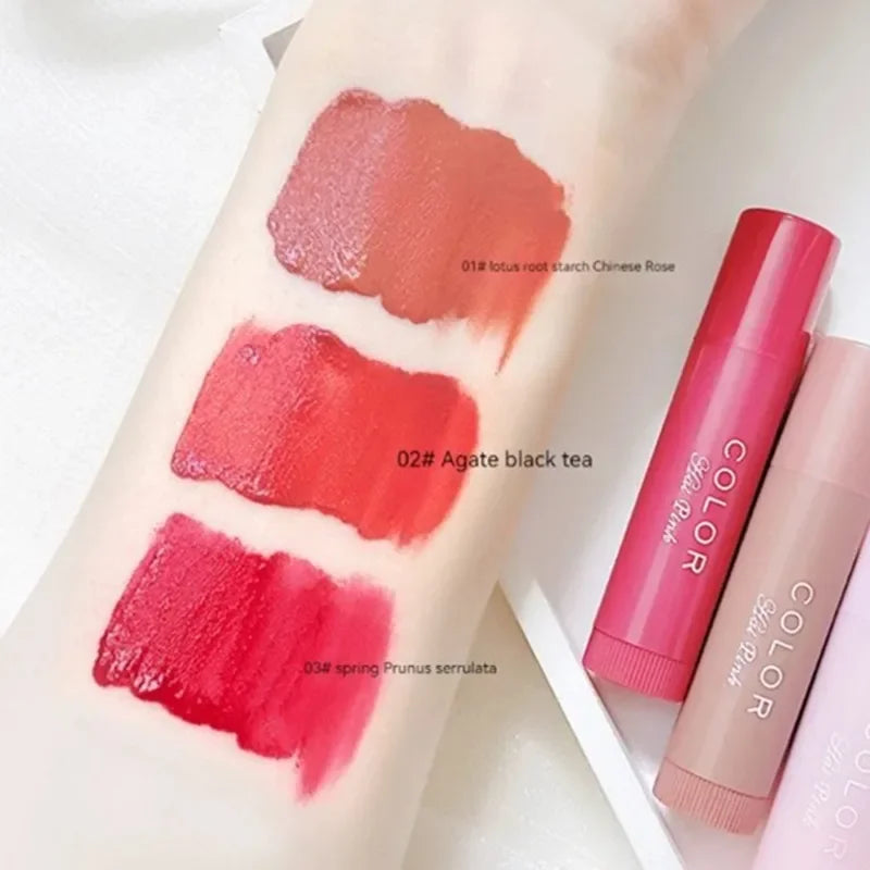 Korean moisturizing lip glaze swatches: 3 shades of water-light glossy lipstick in pink, red, and rose tones.