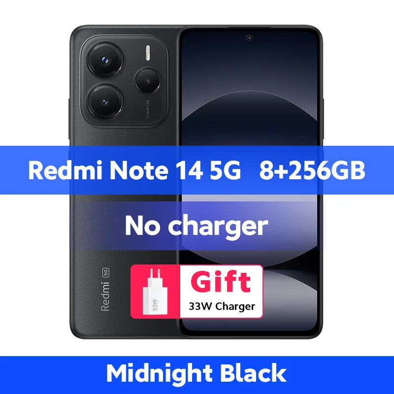 Xiaomi Redmi Note 14 5G Midnight Black, 8+256GB, dual-view, 108MP camera, global version, includes 33W charger gift.