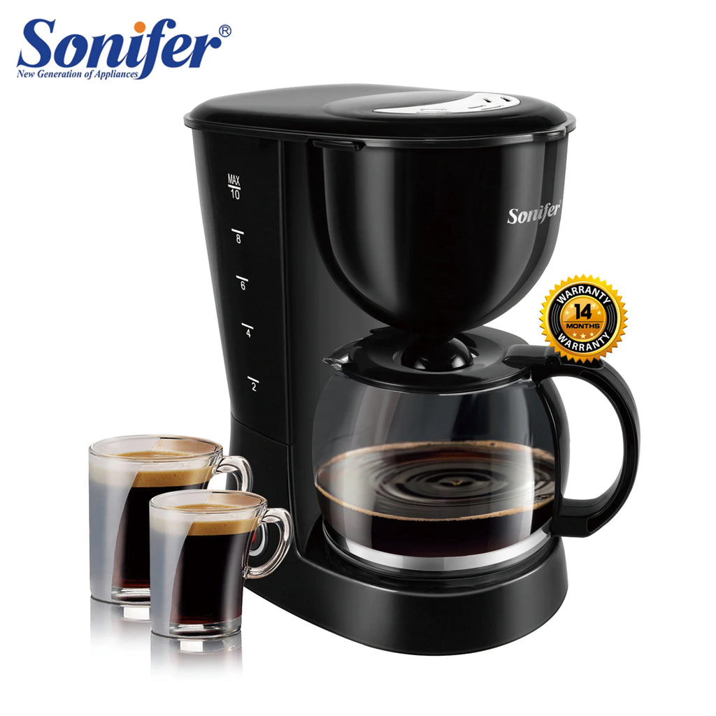 Sonifer 10-cup black plastic drip coffee maker with glass carafe and two glass espresso cups, 14-month warranty.