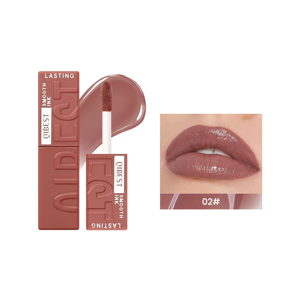 QIBEST 02# mirror lip glaze: moisturizing, long-lasting nude-brown liquid lipstick with a glossy, watery finish.