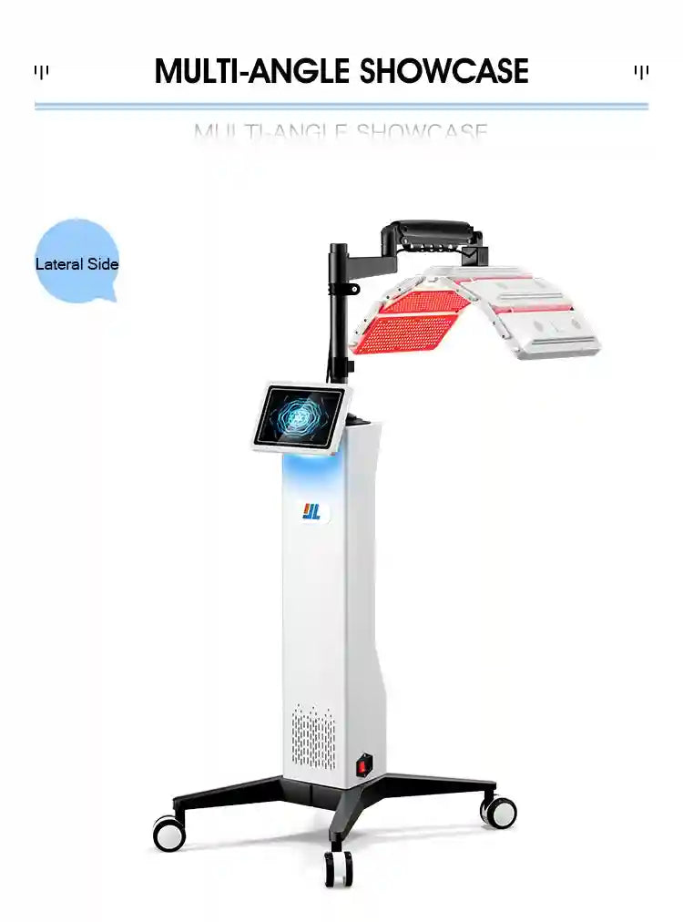 Professional 7-color LED red light therapy machine with touchscreen for facial skin rejuvenation and anti-aging.