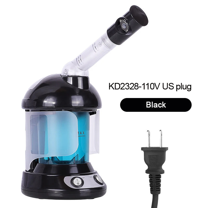 Black nano ionic facial steamer for deep pore cleansing, spa mister with rotating spray arm and US plug power cord.