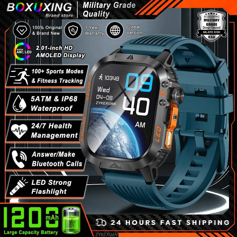 New 1200 mAh Battery Rugged Military Smartwatch Men 5ATM Waterproof Fitness Tracker Health Monitor 100+Sports Call Smart Watches