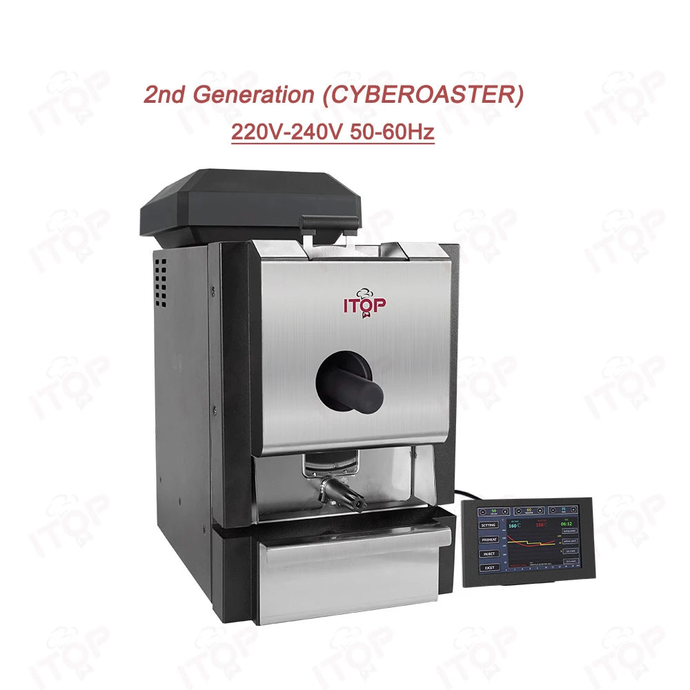 ITOP Cyberoaster 2nd Gen coffee bean roaster, stainless steel and black machine with digital touch control panel.