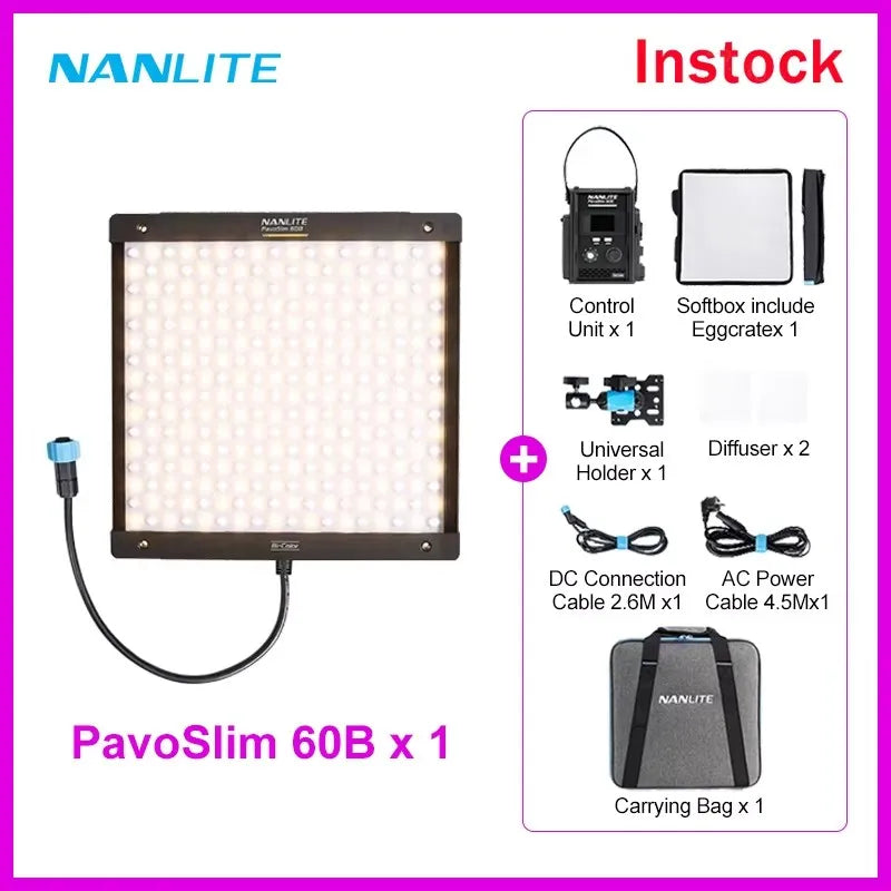 PavoSlim 60B square LED panel light kit with control unit, softbox, diffusers, cables, holder, and carrying bag.