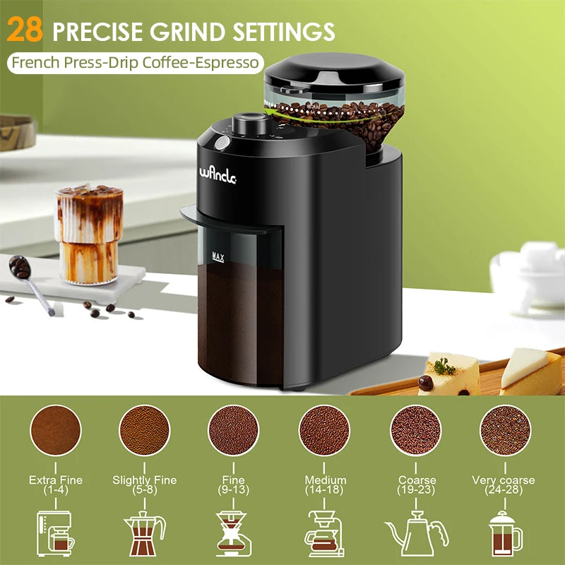 Wancle black electric coffee grinder with 28 precise grind settings for espresso, drip, and French press coffee.