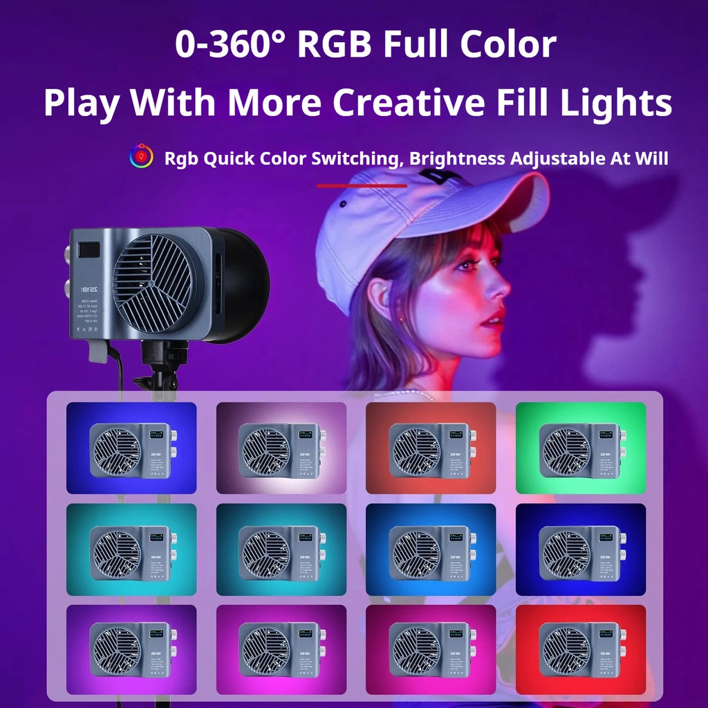 Compact grey rectangular LED video light with front grille, mounted on a stand to provide adjustable RGB fill lighting.