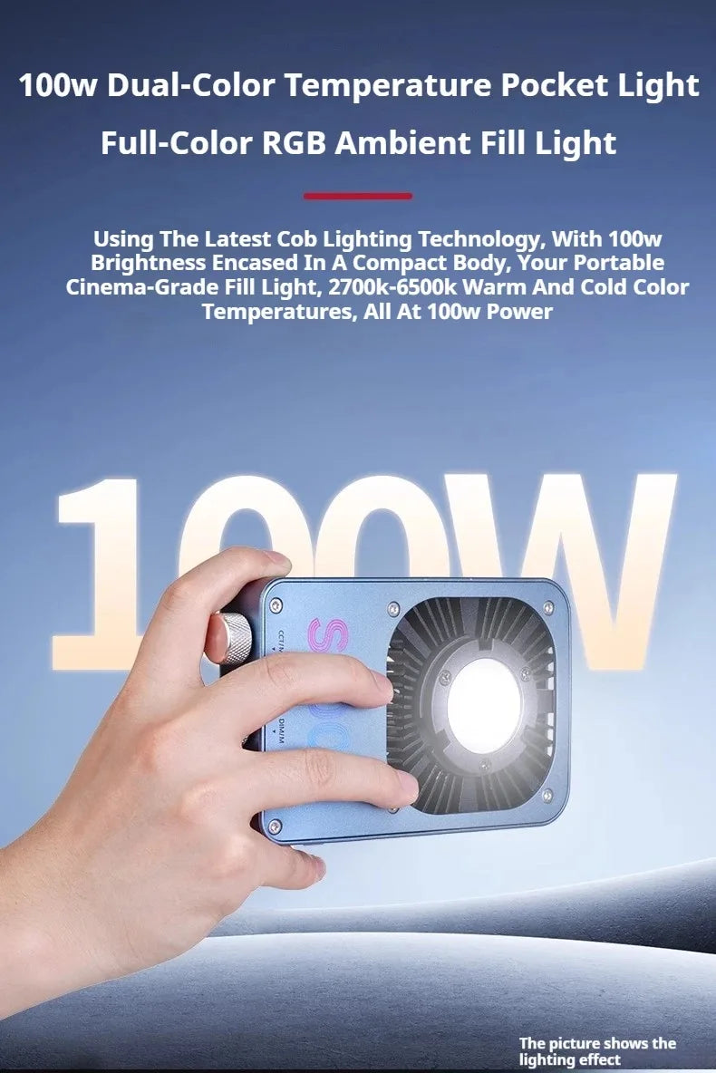 Handheld rectangular blue pocket light with a circular COB LED and black cooling fins for portable photography lighting.