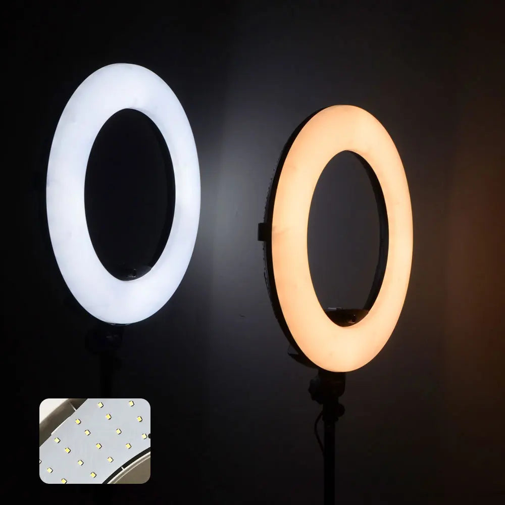 Two circular LED ring lights on stands, emitting cool white and warm yellow light, with a close-up of internal LEDs.