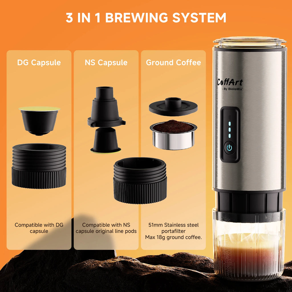 BioloMix CoffArt 3-in-1 stainless steel portable coffee maker for DG, NS capsules, and ground coffee.