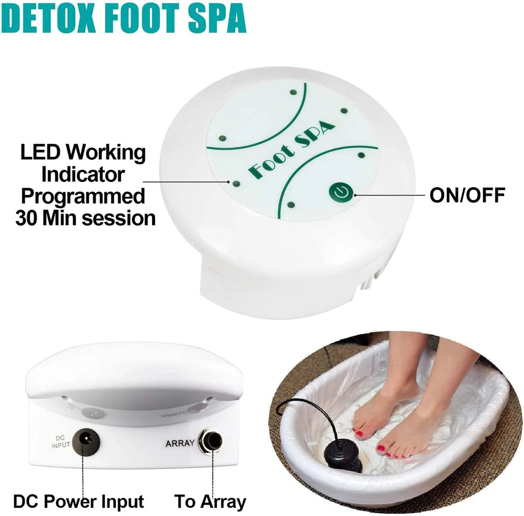 White ionic detox foot spa machine with LED indicator, power input, and ion array for home relaxation therapy sessions.