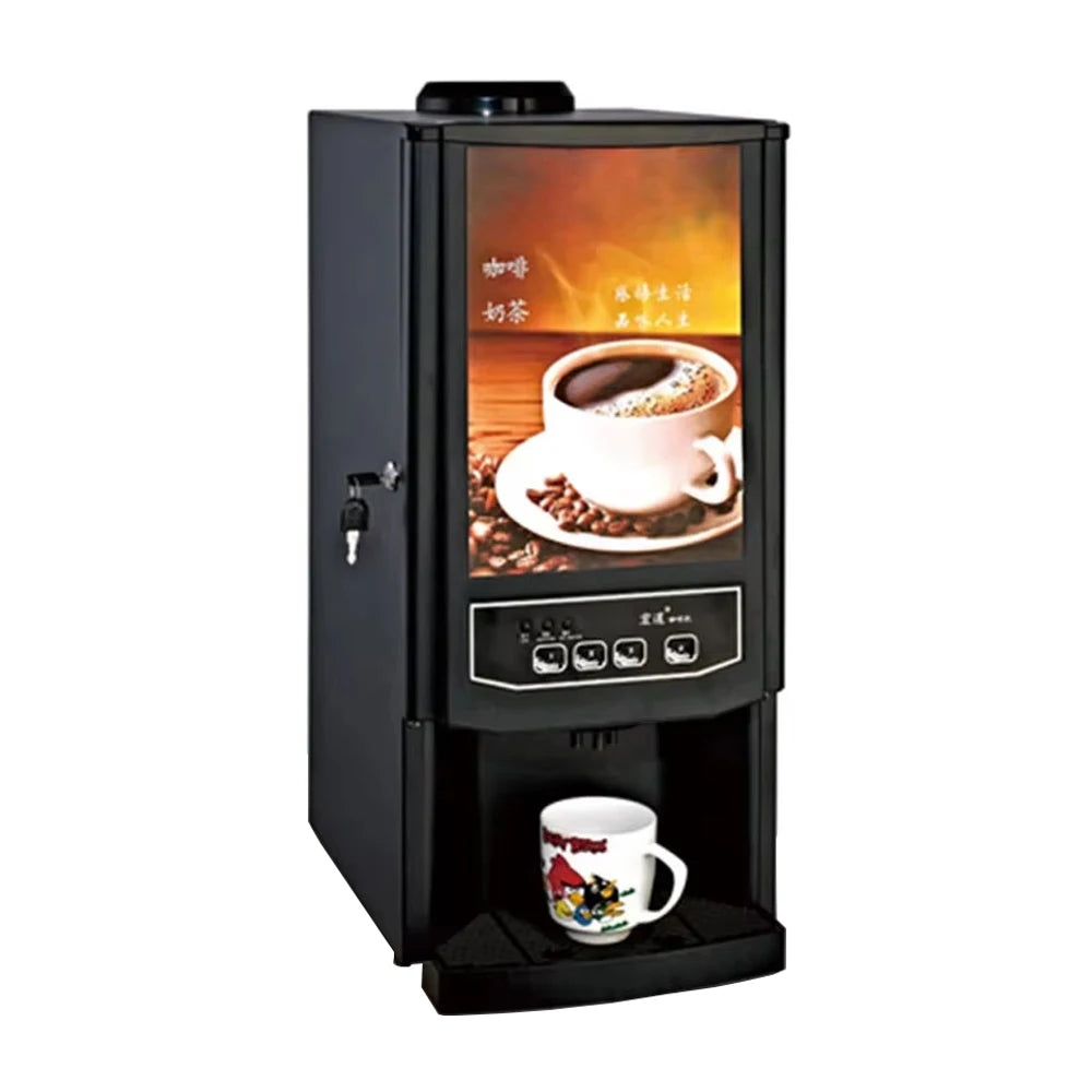 Black commercial automatic coffee and tea vending machine with four drink selection buttons and a cup stand.
