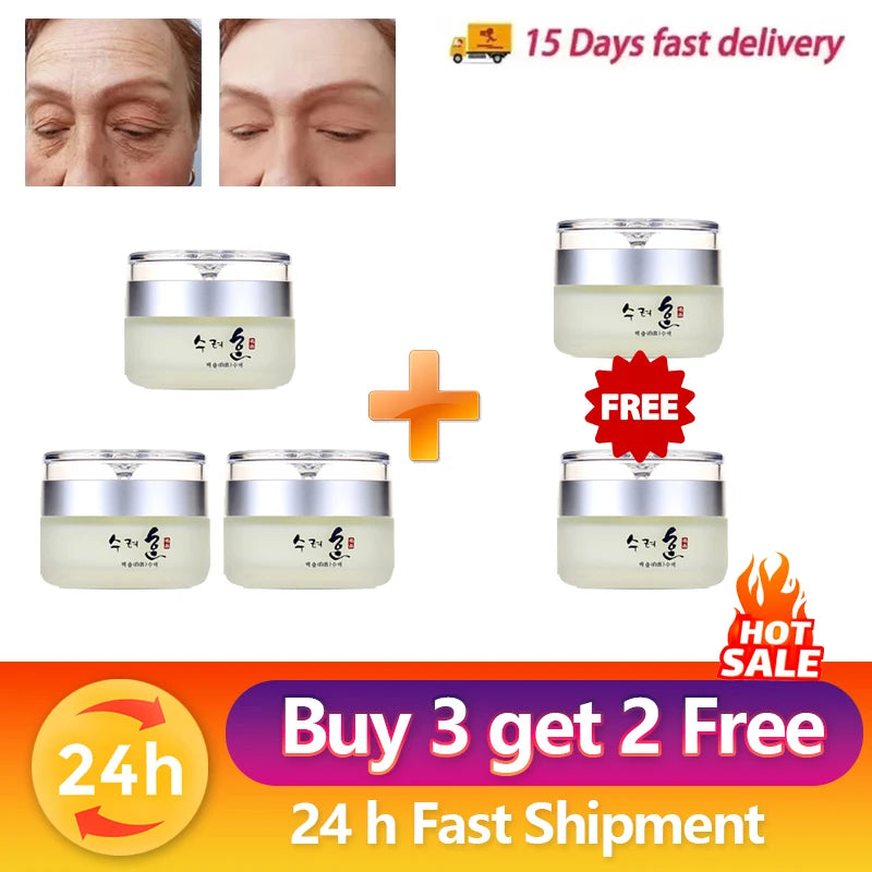 Four jars of Korean collagen anti-aging face cream with silver lids, displayed with a 'Buy 3 get 2 free' offer.