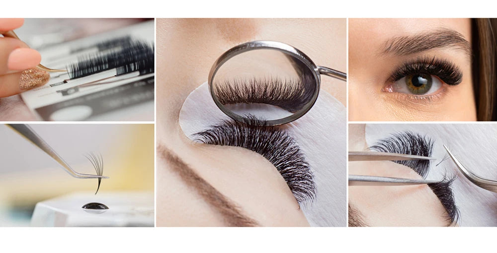 Collage showing black mink individual eyelash extensions being applied with tweezers and inspected with a mirror.
