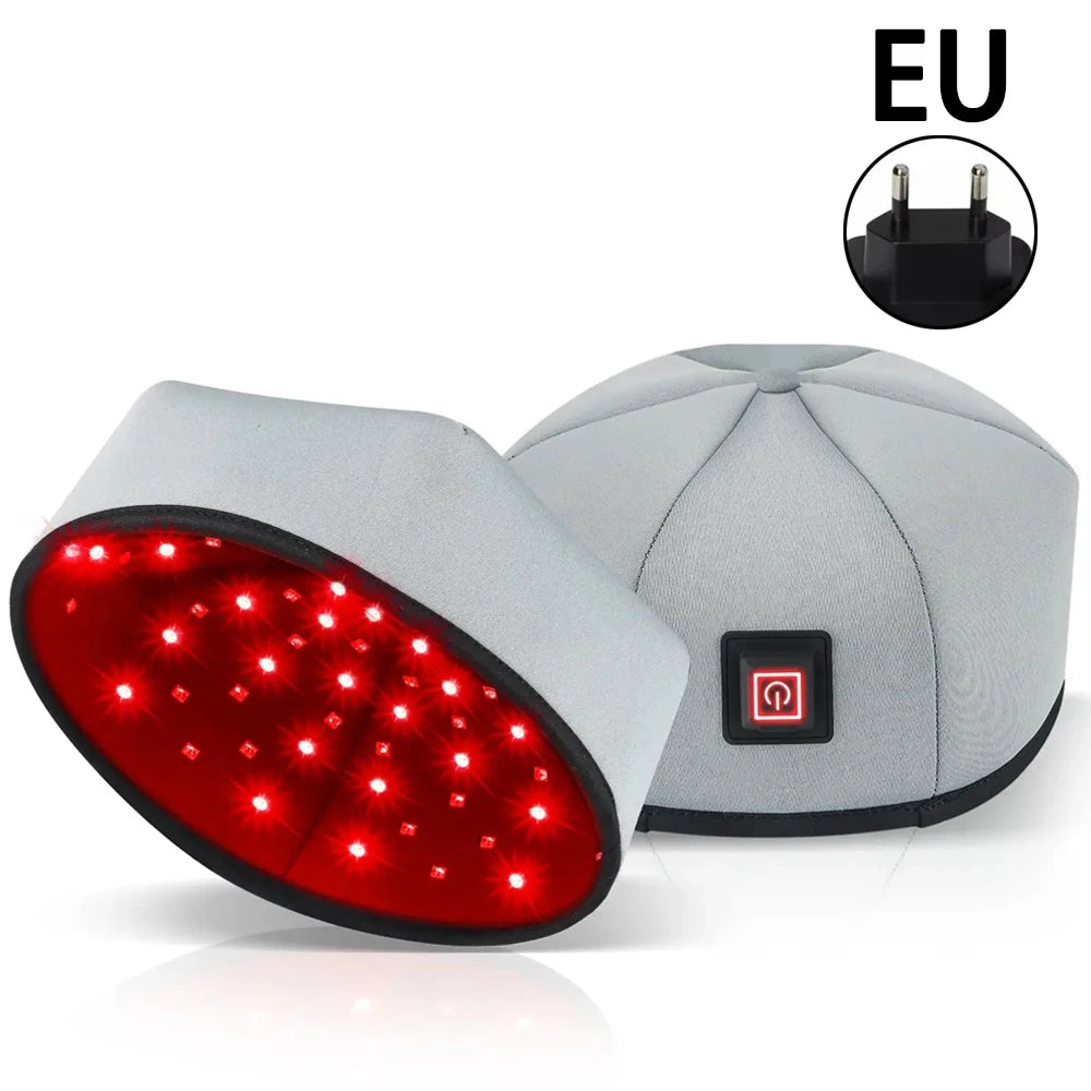 Grey wired hair growth cap with 650nm red light therapy LEDs, power button, and EU plug for hair loss treatment.