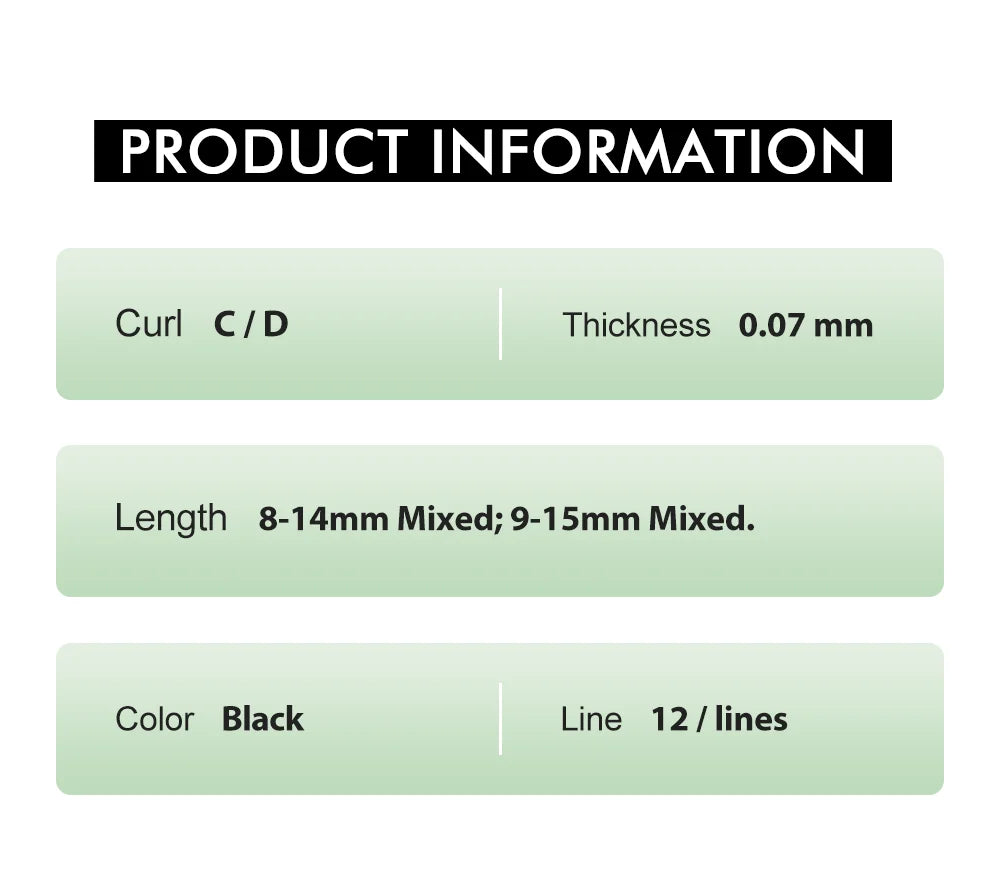 Informational graphic listing Tidesmit eyelash extension specs: C/D curl, 0.07mm thickness, black, 12 lines.