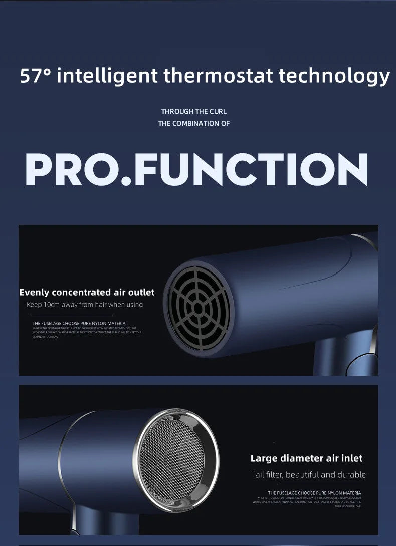 Blue foldable 1200W hair dryer with 57° thermostat, concentrated nozzle, and durable large diameter air inlet filter.