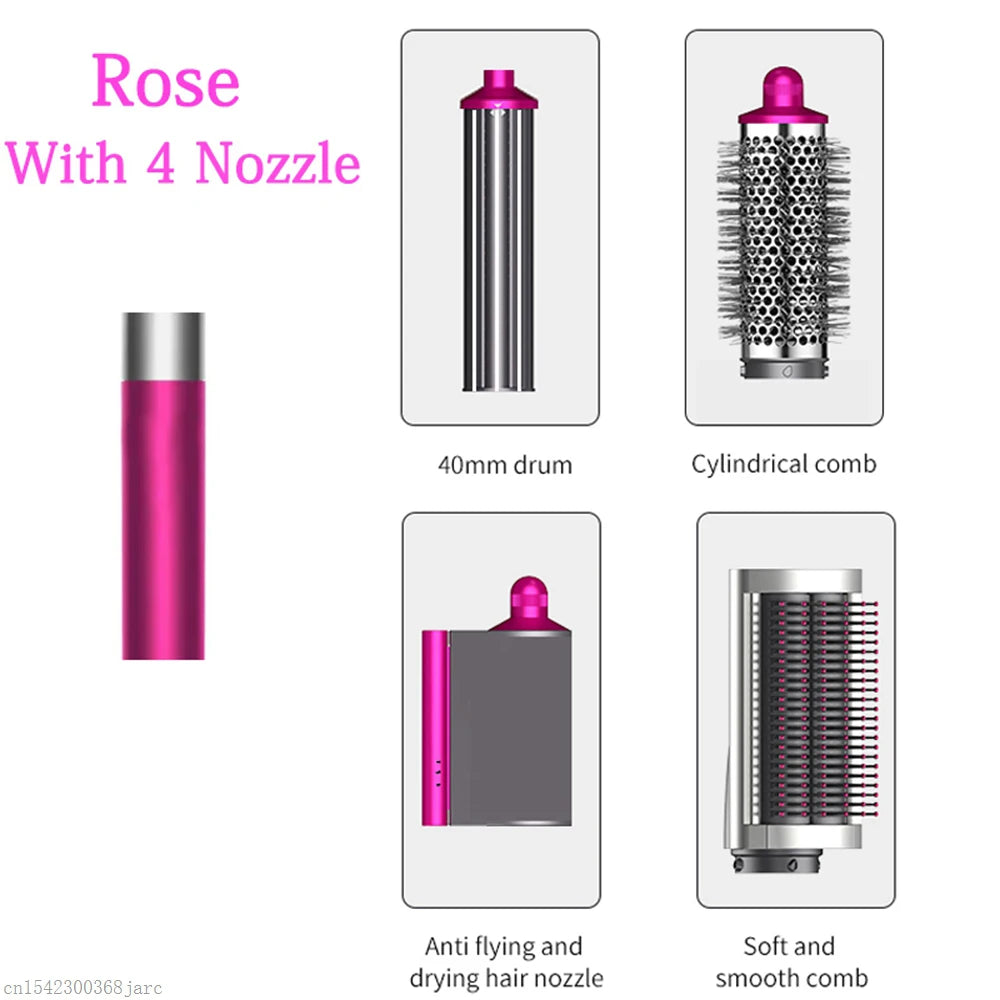 SenCiciMen X9 rose multi hair styler set with 4 attachments: 40mm barrel, round brush, dryer, and smoothing comb.