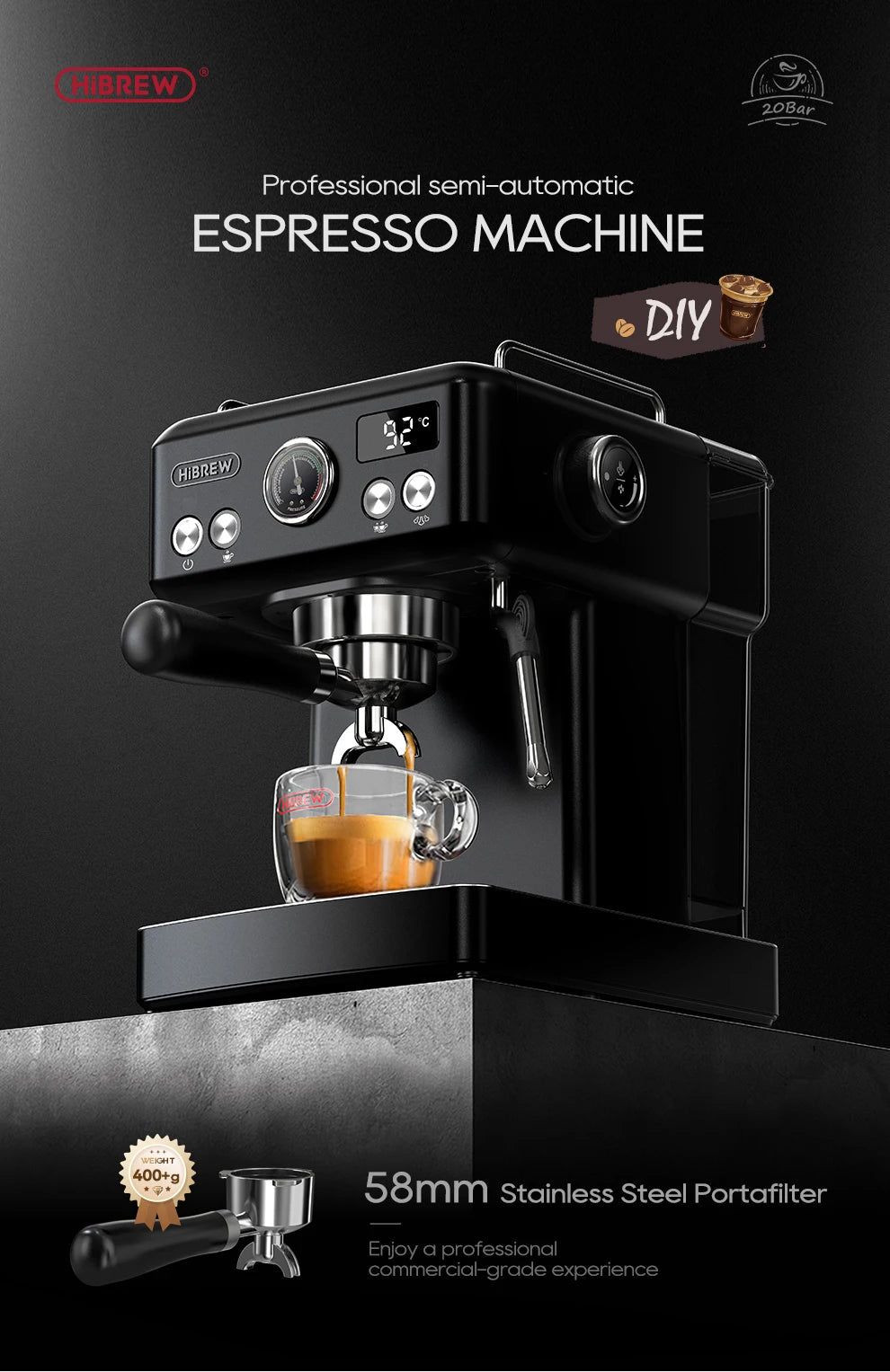 HiBREW black semi-automatic espresso machine with 20 bar pressure, digital display, and 58mm stainless steel portafilter.