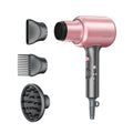 Rose gold 1600W ionic hair dryer with three styling attachments, diffuser, and variable speed settings for fast drying.