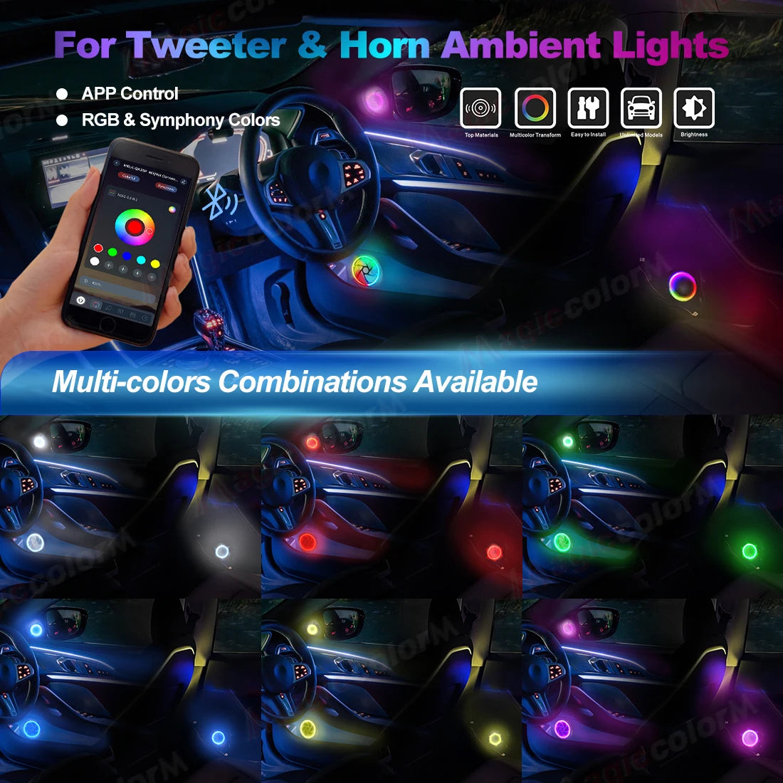 App-controlled RGB LED ambient light rings for car tweeters and door speakers, shown in various glowing color schemes.