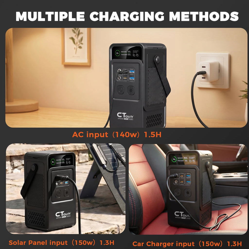 CTOLITY AP200 AP1000 Black style 200W/1800W Portable Power Station 192Wh/1024Wh 60000mAh/320000mAh LiFePO4 Battery Solar Generator UPS Function Emergency Power Supply for Camping Outdoor