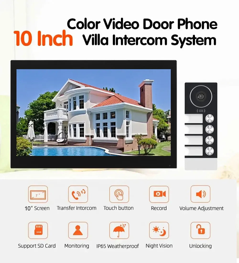 10-inch color video door phone intercom system kit with touchscreen monitor and door panel