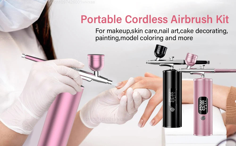 Portable cordless airbrush kit for nail art, makeup, and cake decorating with digital display and handheld design.