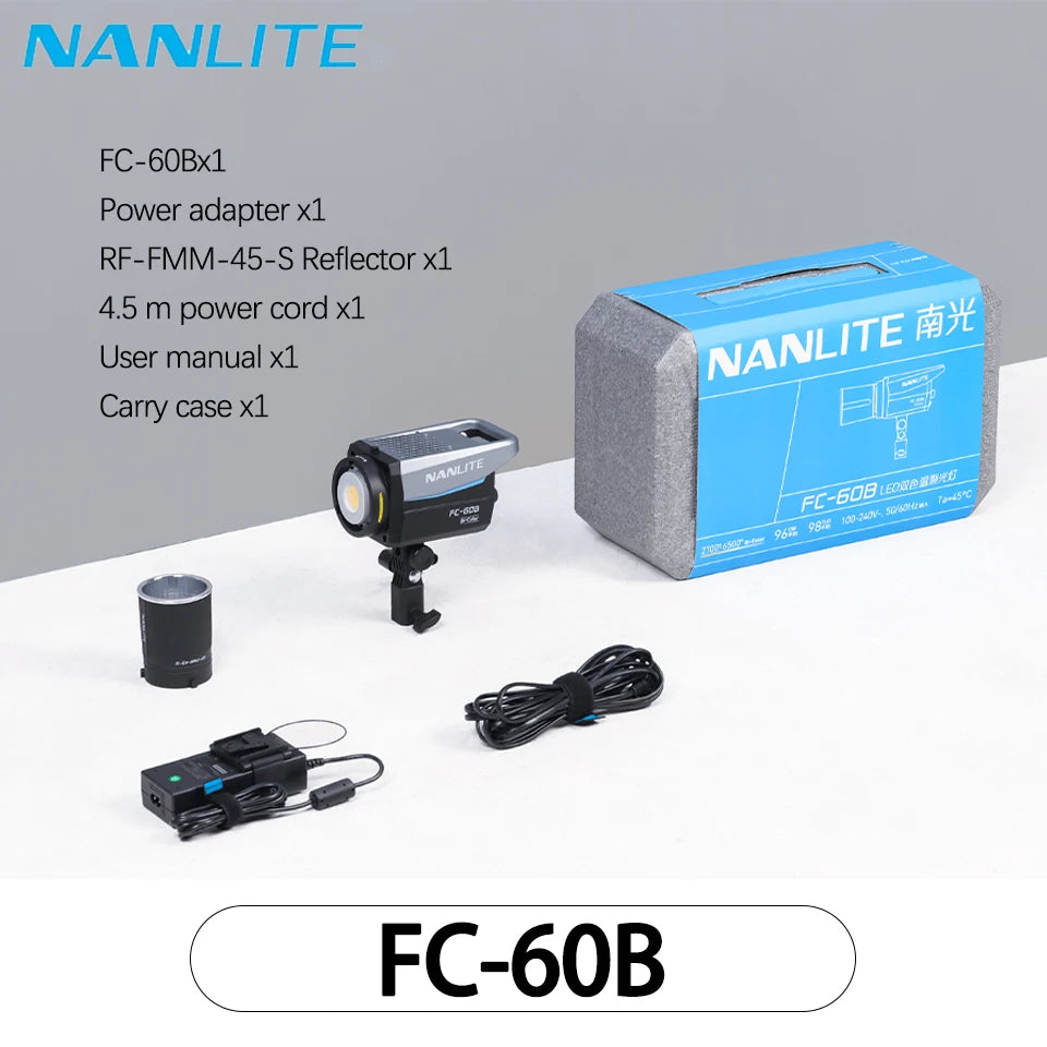 FC-60B LED spotlight, compact gray and black housing, including power adapter, reflector, cable, and protective case.