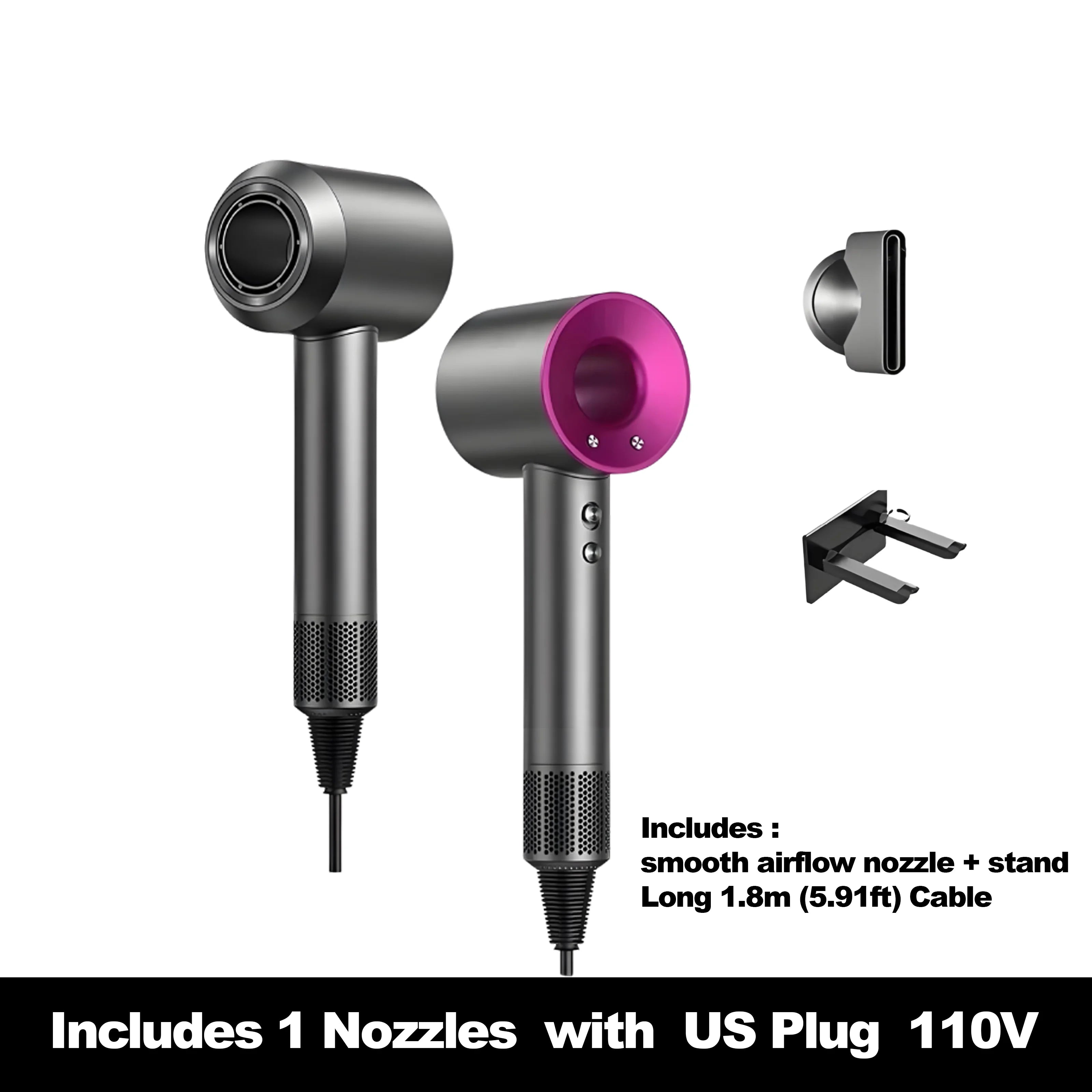High-speed ionic hair dryer in grey/fuchsia with nozzle, wall stand, 110V US plug, and intelligent heat control.