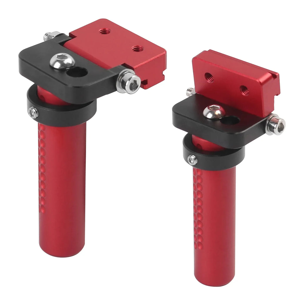 Two adjustable hinge dog clamps, red posts with black bases and silver mounting bolts