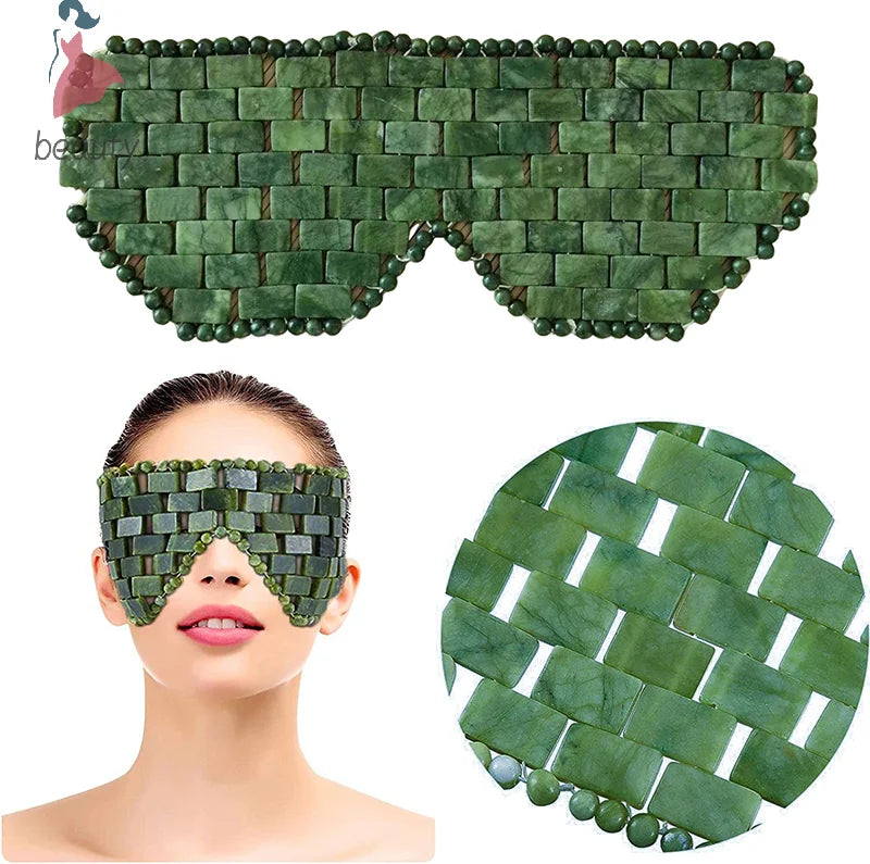 Natural green jade stone eye mask for relaxing facial massage and cooling sleep therapy with beaded edge design.
