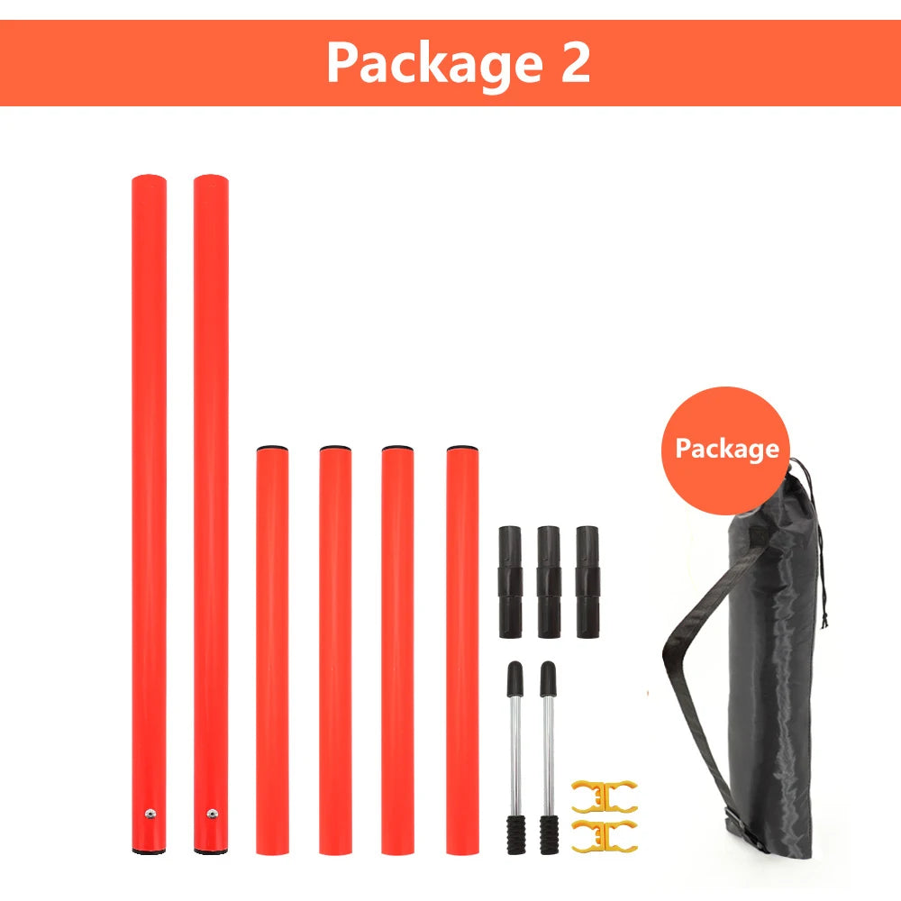 Portable dog agility jump set with red poles, stakes, and carry bag for outdoor pet training and exercise.