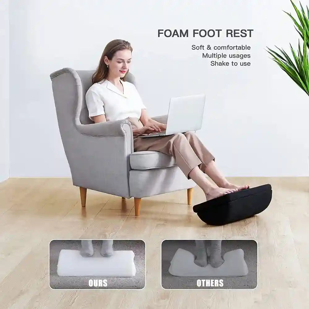 Black memory foam under desk foot rest for office and gaming chairs provides ergonomic back and hip pain relief.