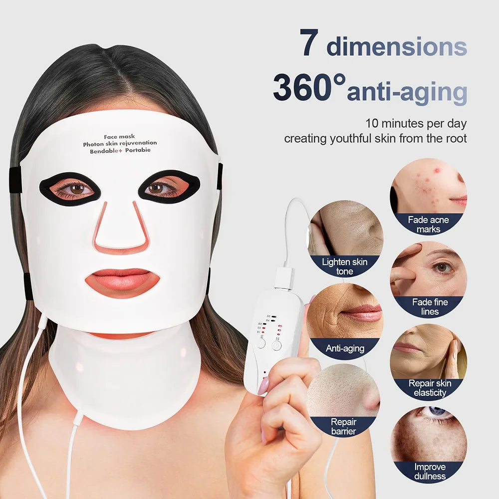 White flexible silicone LED face and neck mask with a handheld controller, showing skin benefits in circular insets.
