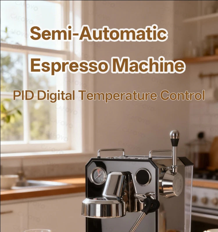 Cafoyo semi-automatic espresso machine in polished chrome with PID digital temperature control in a kitchen setting.
