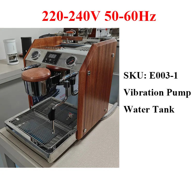 Commercial espresso machine with wood-paneled sides, chrome finish, digital display, and dual pressure gauges.