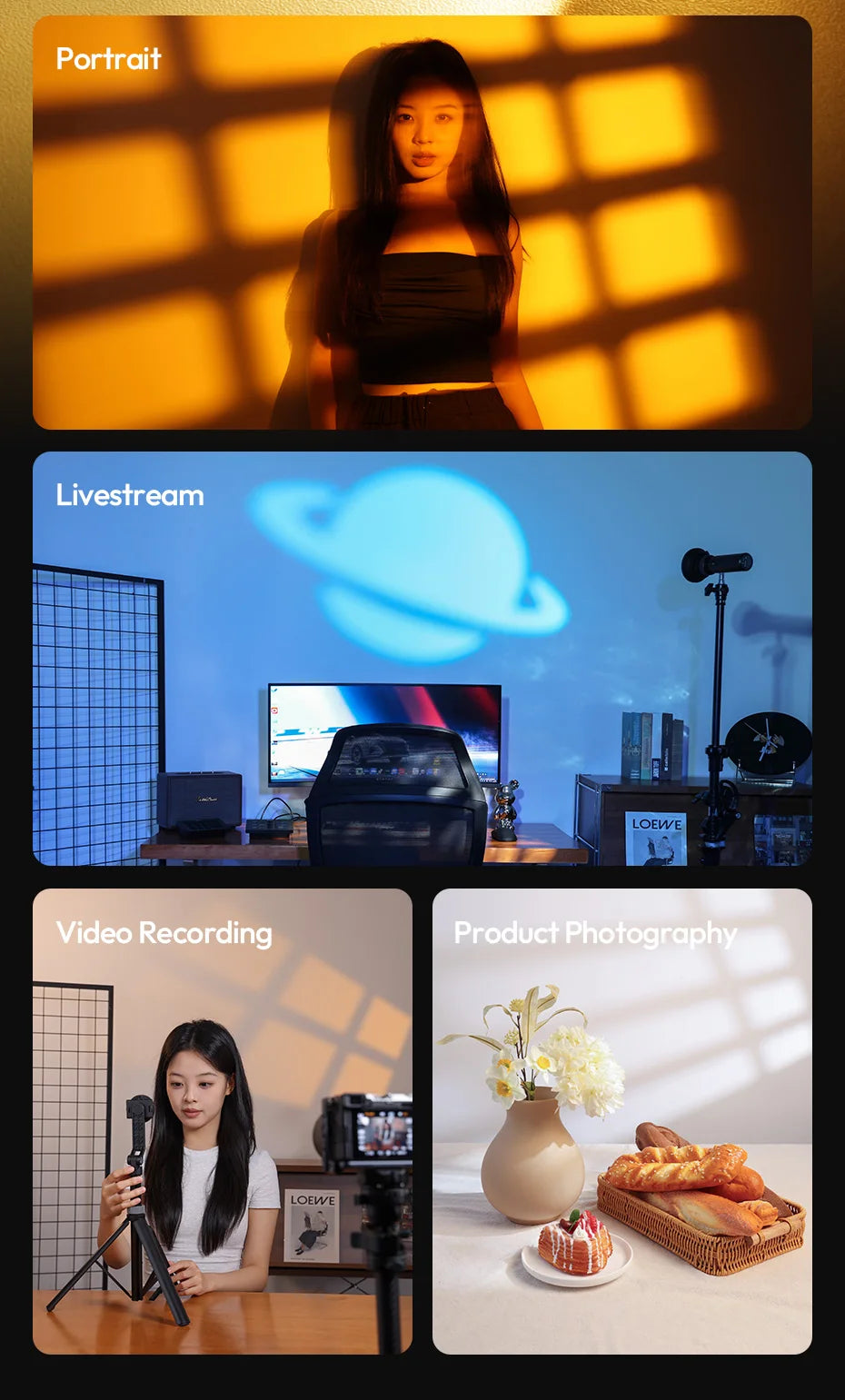 Sunset lamp projecting golden window grid or blue planet patterns for portrait, video, and product lighting.
