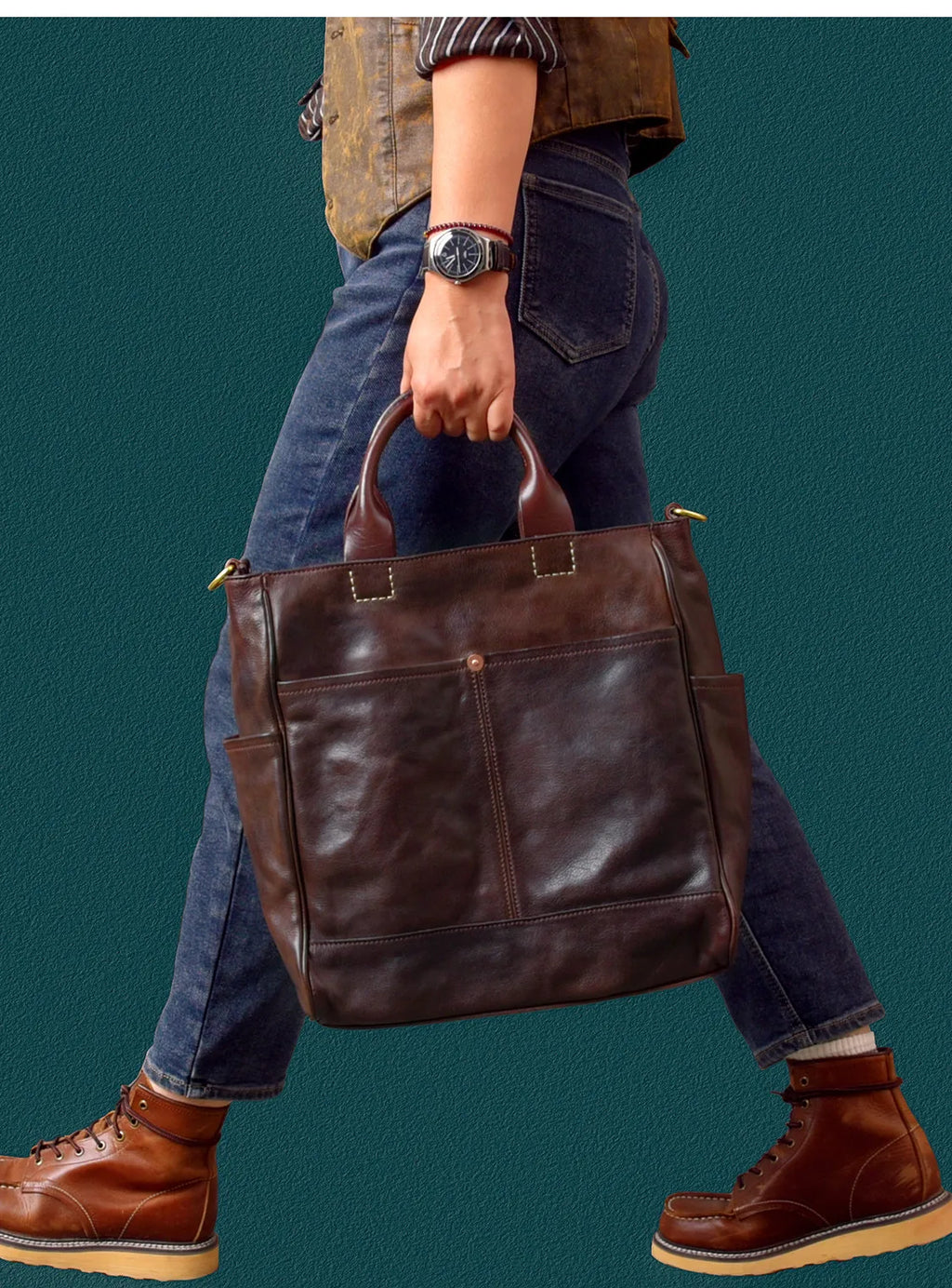 Fashion organizers designers handmade genuine leather men's tote bag outdoor travel luxury vegetable tanned cowhide handbags