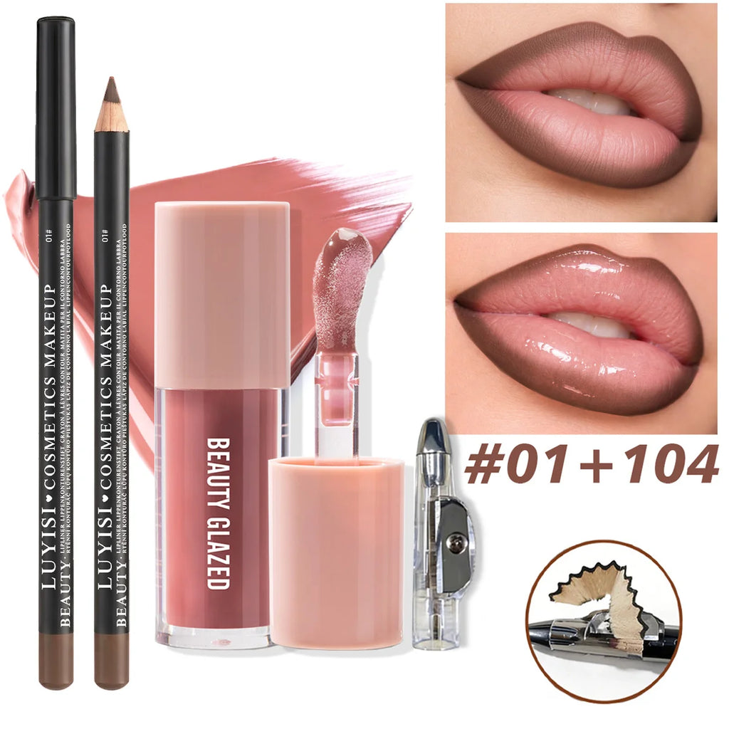 3-piece lip set with brown lip liner, nude pink glossy lip stain, and sharpener for a defined, shiny makeup look.