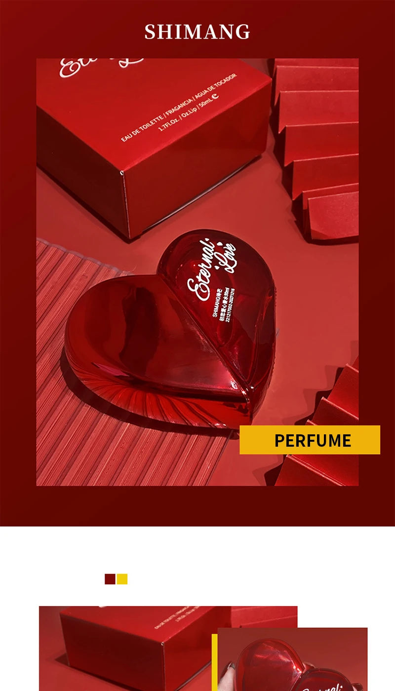 Shimang Eternal Love heart-shaped women’s EDT perfume. Long-lasting fresh floral fragrance in a red glass spray bottle.
