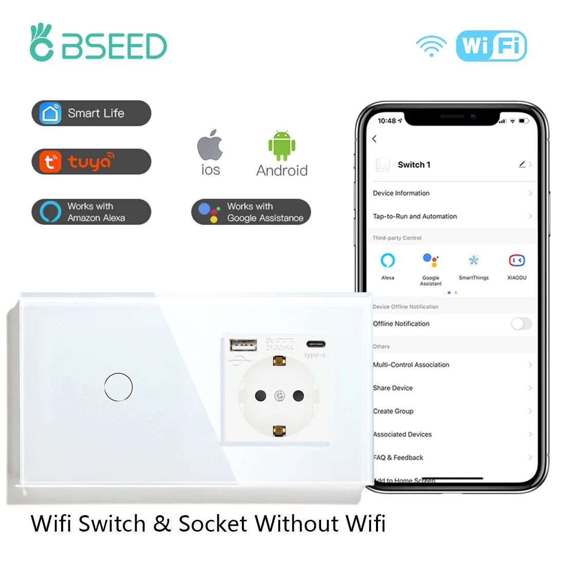 WiFi Smart Wall Switch with USB-C Port - Glass Panel Tidesmit 1Gang Type-C Socekt EU standard Tidesmit