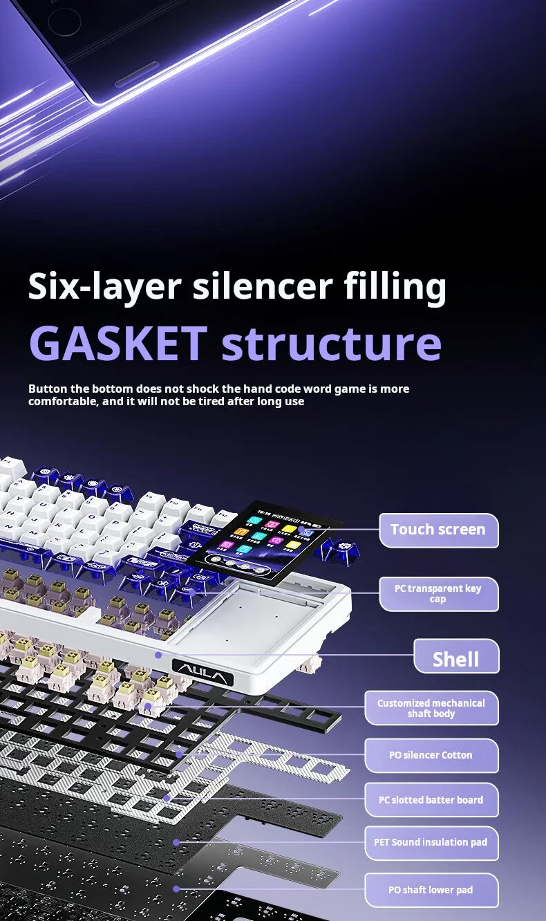 AULA L99 Mechanical Keyboard Intelligent Screen Wireless Bluetooth Gasket Structure Gaming Keyboard RGB  Lighting Night Vision
