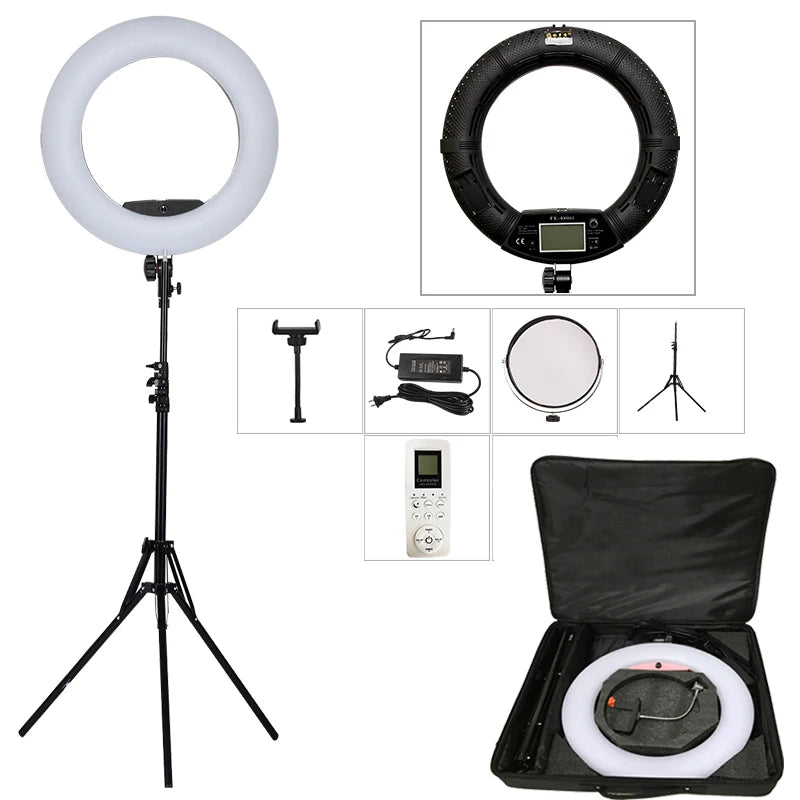 Black ring light with tripod stand, phone holder, power adapter, remote control, and carrying case for photography.
